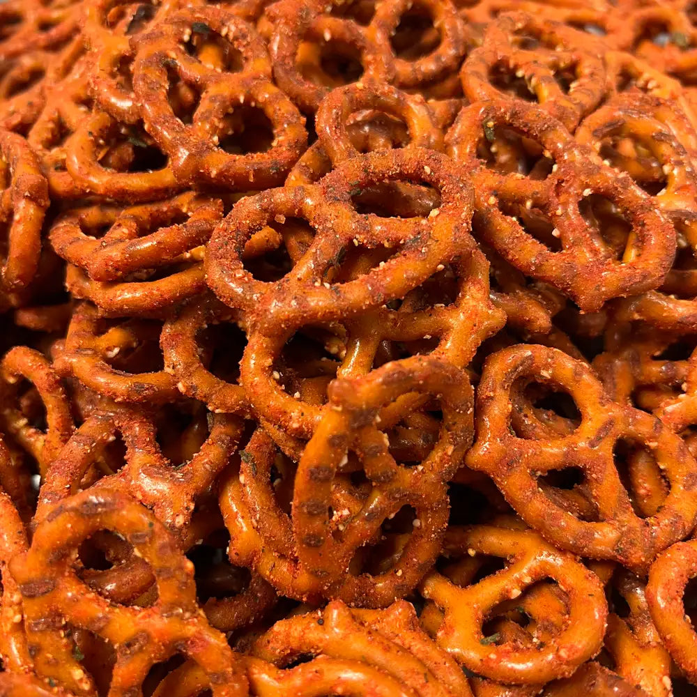 Buffalo ranch pretzels showing seasoned coating in close-up