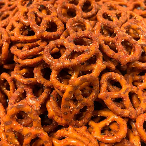 Buffalo ranch pretzels showing seasoned coating in close-up