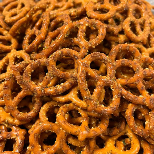 Macro-style close-up of cajun seasoned pretzels
