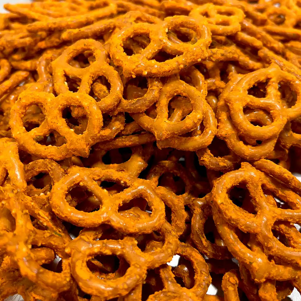 Close-up view of cheddar ranch pretzels ready to serve