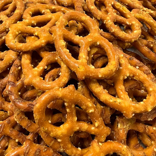 Detailed close-up of dill pretzels with seasoning