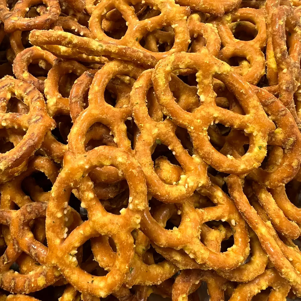 Close-up of parmesan garlic seasoned pretzels